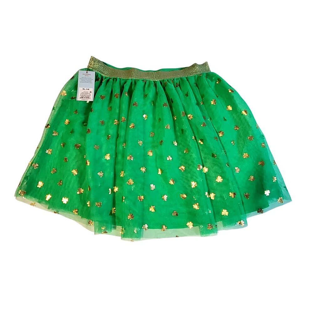Cat & Jack Girls XL (14) Green Tulle Skirt With Gold Clover Print